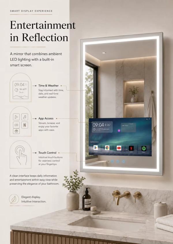 Kingstin Premium Frameless HD Glass LED TV Mirror for Bathroom, Smart App Touch Screen, 100% Customized Sizes