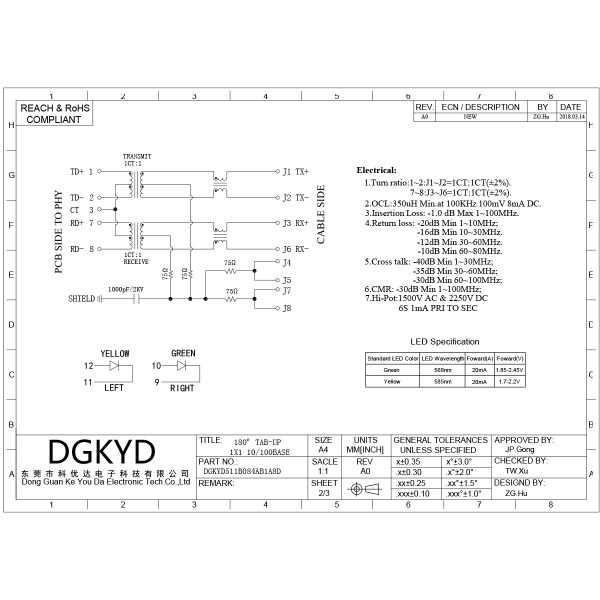DGKYD511B084AB1A8D Vertical RJ45 Transformer 100Mbps Integrated Filter Crystal Head Up Network Interface