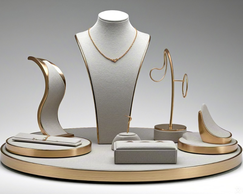 Modern Durable High Quality Jewelry Display Stand Set Gray Velvet Gold Metal Frame for Retail Shop