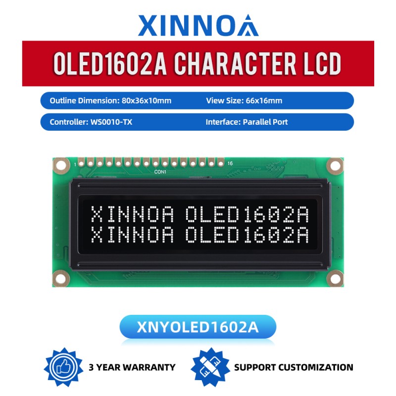 OLED1602A Black Film, 16×2 Character OLED LCD Display Module, WS0010-TX, Parallel Interface, 66x16mm View Size, Working Temperature -40+80 Display