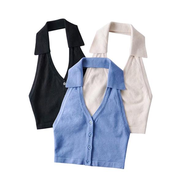 Верхней части урожая кнопки воротника поло женщин жилет Halter Streetwear Backless тонкий подходящий белый