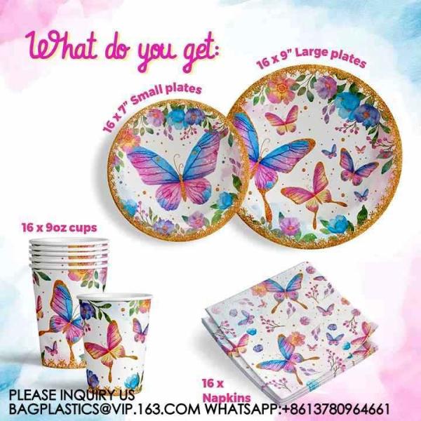 Birthday Party Decoration Festival Tableware Paper Plates Cups Purple Butterfly Party Supplies