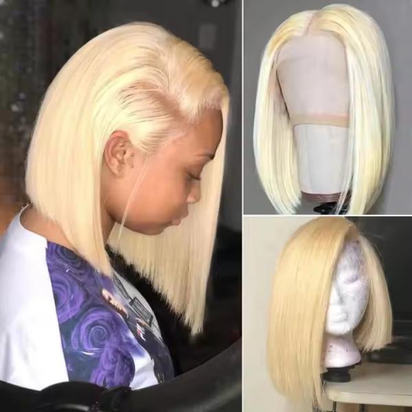 Short Bob Straight Human Hair blonde Lace Closure Wig Transparent 13X4 Lace Frontal Wig
