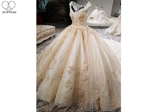 Luxury Golden Orange Ladies Bridal Gown Sleeveless Lace Beaded Princess Big Tail