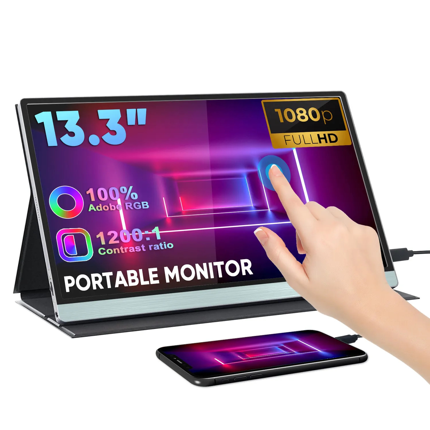 Портативный USB C сенсорный монитор 13,3 дюймовый FHD IPS 10-точечный монитор для ноутбука
