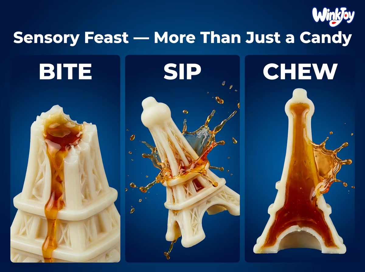 Winkjoy Eiffel Tower Shaped Wax Bottle Candy with Fruity Liquid Center and Chewable Wax Shell for Novelty Retail