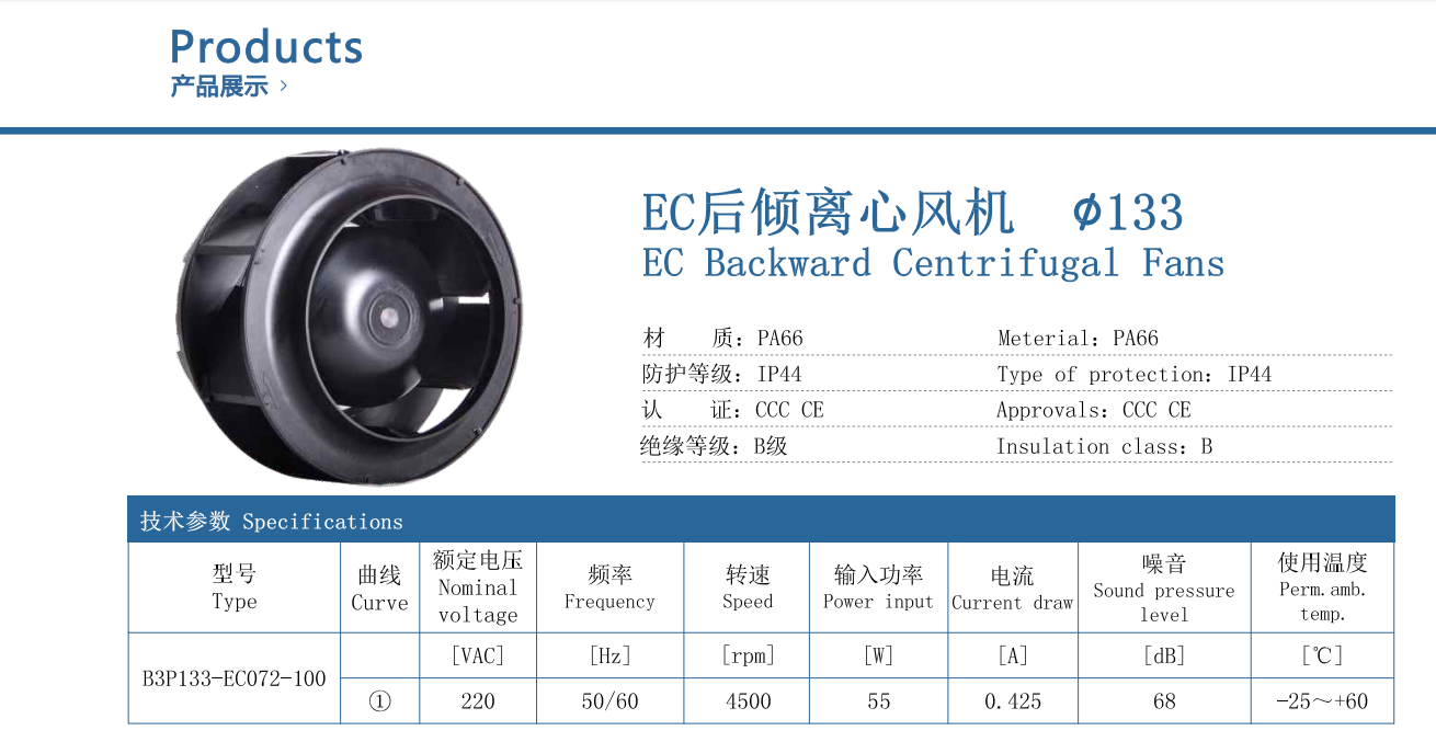 HY-133mm EC Rear-tilting Centrifugal Fan