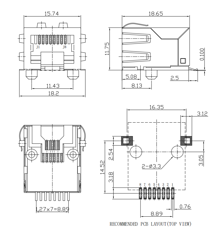 LPJE8802-3C-M7NLR Shielded RJ45 8P8C Modular Jack Latch Down