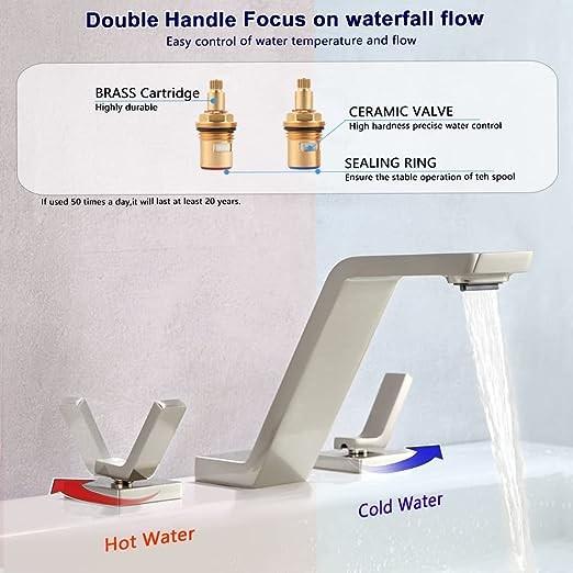 2 Handle Widespread Bathroom Faucet Tap For 3 Holes Solid Brass 8 Inch Waterfall
