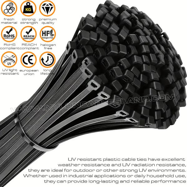 UV Resistant Black Polyamide 6.6 Cable Tie Plastic Zip Tie 200mm x 4.8 (22kgs, 50lbs) for high UV Environments