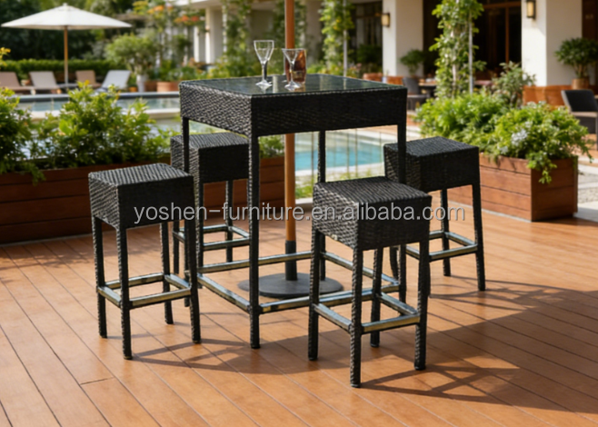 Customized Garden Furniture Rattan bar Table Set  5 Piece Wicker Plastic  Outdoor bar Stool Chairs Table Set