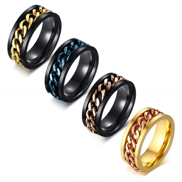Decompression Stainless Steel Spin Ring Gold Silver Rose Gold Blue Chain Inlay For Men