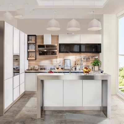 High Gloss White Modern  Glass Stainless Steel Modular Kitchen Cabinet