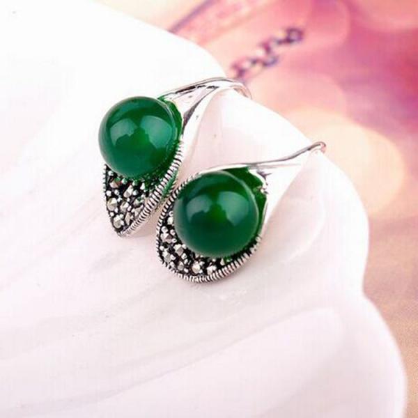Thai Vintage Sterling Silver 10mm Round Green Agate Hoop Earrings (E11061GREEN)