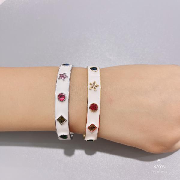Stainless Steel Colorful Gemstone Bracelet White Wide Cuff Bangles For Wedding