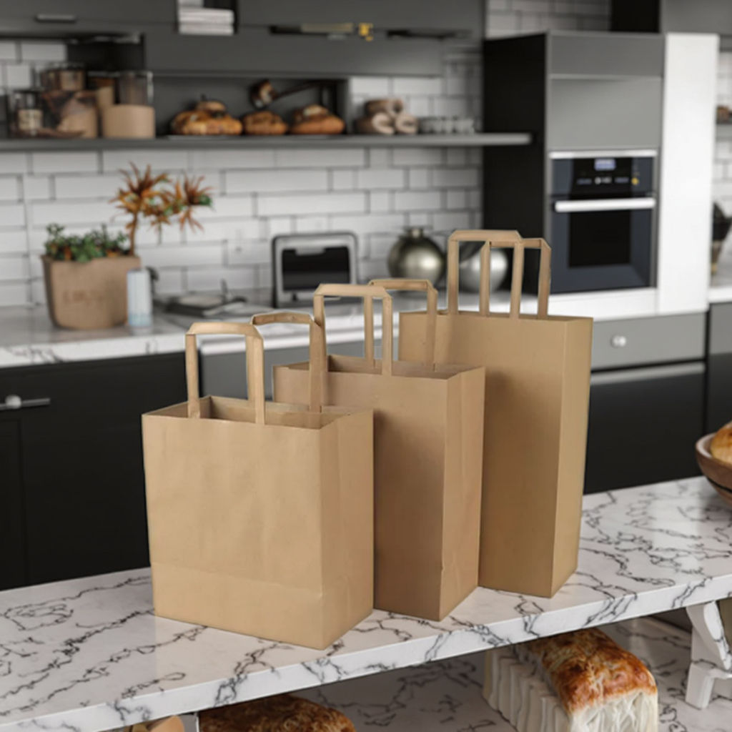 Merchandise Medium Flat Handle Kraft Bag Plain Paper Shopping Bag