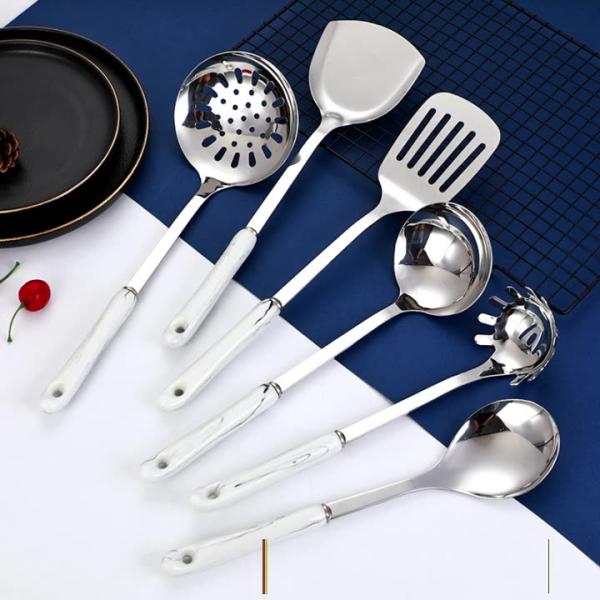 6 Pieces Stainless Steel Kitchen Utensil Sets Luxury Marble Handle Custom Logo
