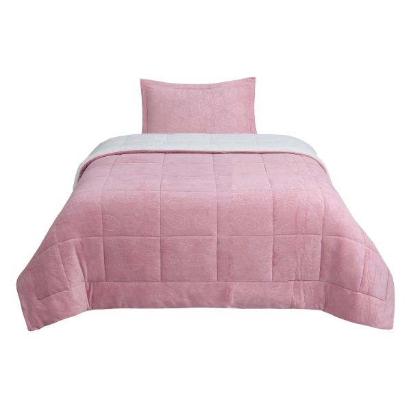 Solid Coral Fleece Embossed and Ecru Color Sherp Quilt Set- double-sided luxury fleece, 3D embossed patterns, and 100%polyester filling