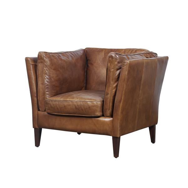 Cotton Figurine Wooden Leg High Back Leather Armchair , Brown Leather Occasional Chair