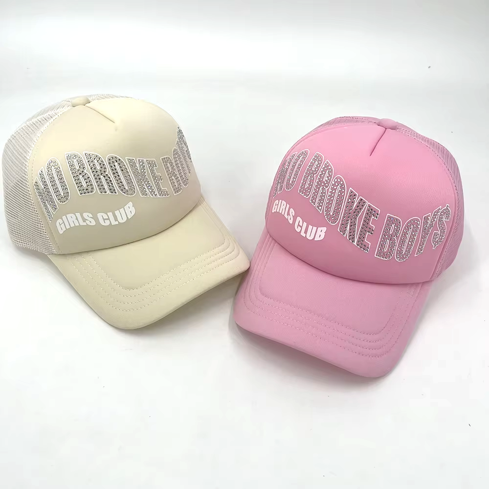 Rhinestone Mesh 5 Panel Trucker Cap Curved Brim For Sport Snapback Cap