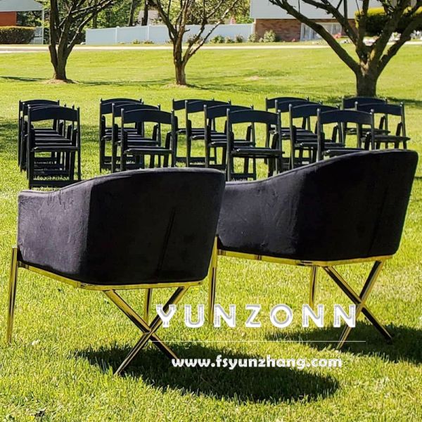 Modern Dining Arm Chair with X Legs Stainless Steel Designs Velvet Hotel Chairs