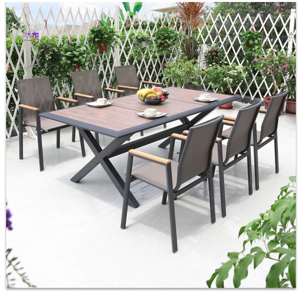 Outdoor Metal Patio Garden Dining Table Set With 3m Wood Table And Balcony Lounge Chairs