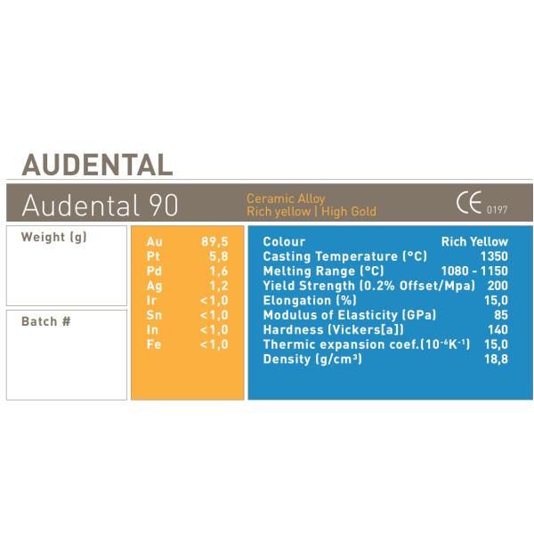 Audental 90 Restauración dental Alta aleación noble, aleación de cerámica dental amarillo Au89.5%
