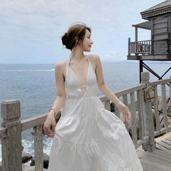 Women Sexy Low Cut Back Maxi Dress , Halter Neck Summer Maxi Dress