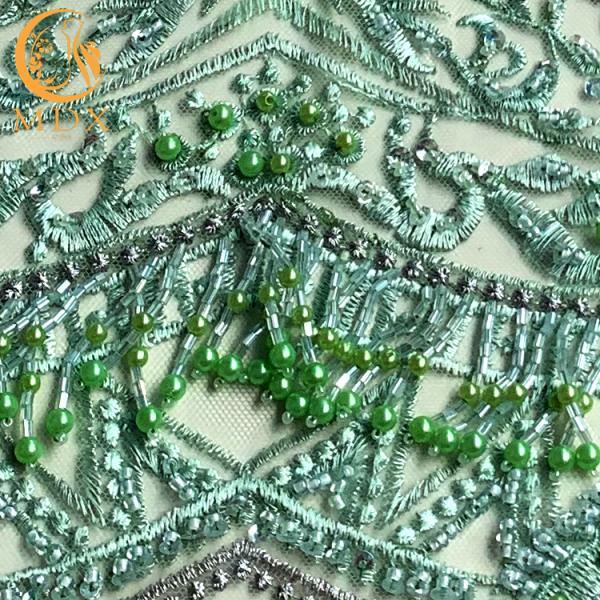 Sophisticated Green Beaded Lace Fabric / Lace Material Fabric For Bridal Dress