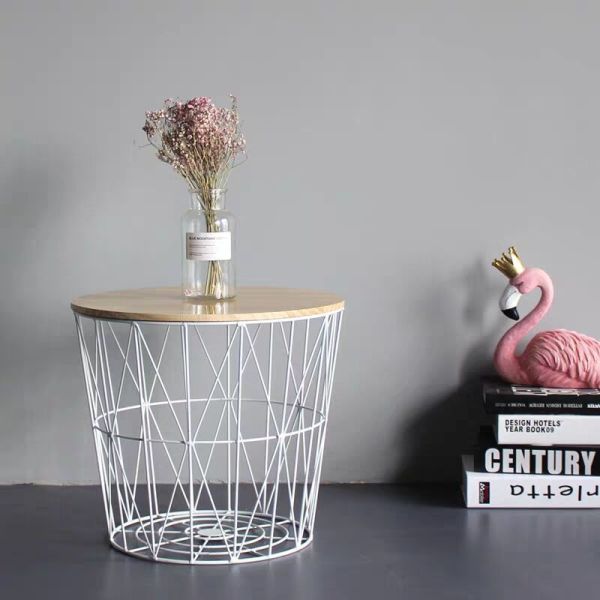 Modern Nightstand End Table Round Side Table Metal Mesh Base Wood Top Small Accent Coffee Table for Living Room Bedroom Office