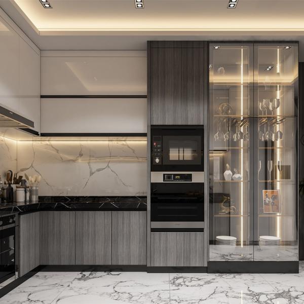 Luxury Corner Glass Kitchen Display Cabinets Ready To Assemble Modern Storge Lacquer Cabinets Kitchen