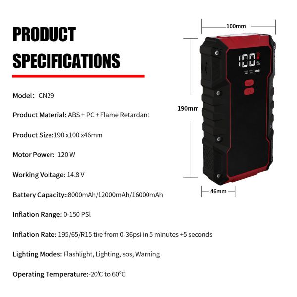 8000mAh 6000mAh Car Battery Jump Starter Power Bank 6 In 1 Jump Starter With Flashlight Air Pump Compressor