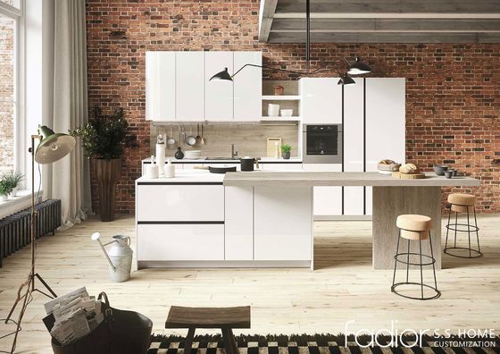 Polar White & Natural Oak French Minimalist Stainless Steel Kitchen