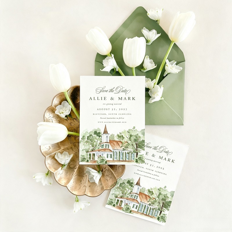 Watercolor Venue Illustration Wedding Invitation Cards Set For Luxury Events