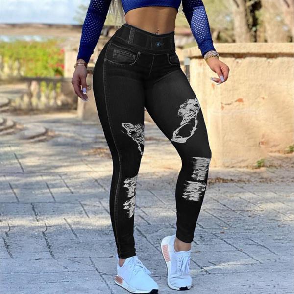 Assentamento do lápis do estiramento da sarja de Nimes do falso de Jean Yoga Pants High Waist das caneleiras das calças justas da ioga ocasional