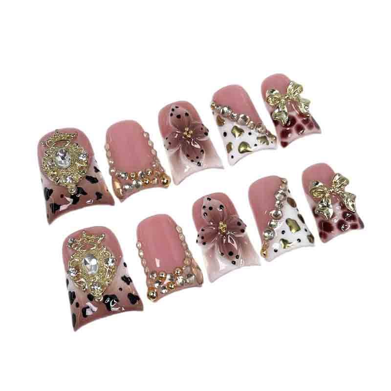 Medium Square Pink Handmade Press On Nails Cow Print Gold Bow Crown 3D Flower