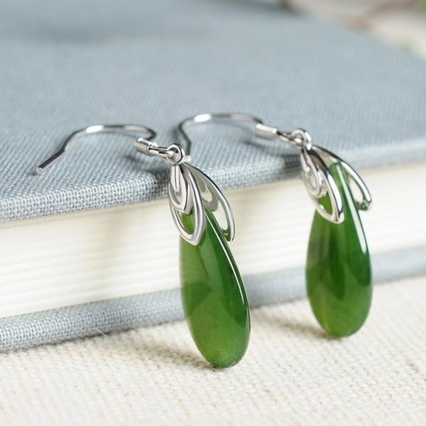 925 Sterling Silver Design Green Nephrite Jade Drop Earrings with Custom Logo Sublimation Printing