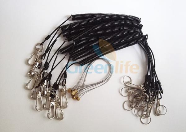 Power Tool Coiled Lanyard Holders Black Steel Cable With Snap Hooks / Wire Loop