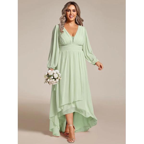 V-neck Plus Size Enchanting Lotus Leaf Lantern Sleeve Pleated Empire High Waist A-line Dark Green Chiffon Prom Dress