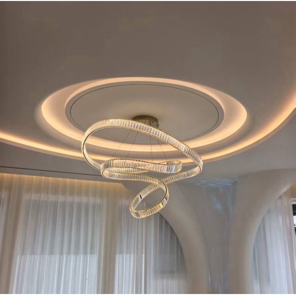 Italian Style Minimalist Crystal Chandelier Luxury Light for High Ceiling Staircase Villa Duplex Loft Hotel Ring Ribbon Iron
