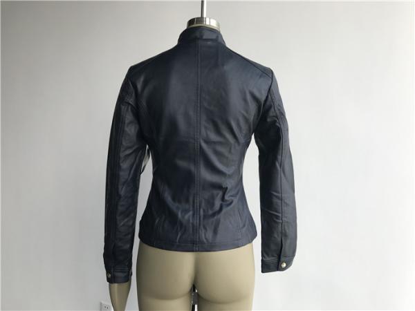 Soft Gold Navy Pleather Jacket Funnel Collar For Ladies Tw76613