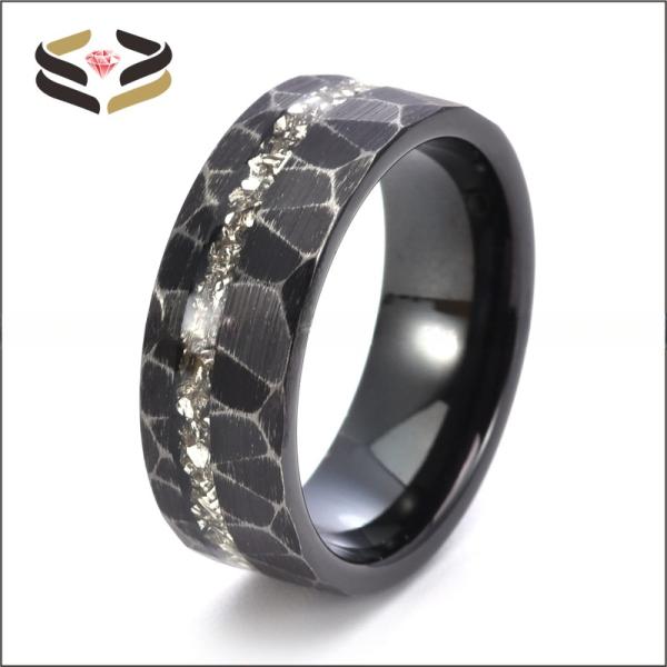 Black Tungsten Carbide Ring With Offset Groove Whiskey Barrel Wood Stone Deer Antler Inlay