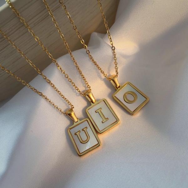 JDN201003 Fashion Necklace 2021 Trendy Stainless Steel Letter Initial Necklace for Women White Rectangle Shell Alphabet