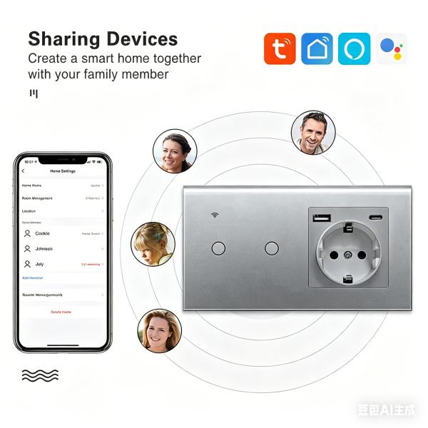 Voice Control Smart Switch and Socket with Glass Panel and Round Mounting Box for Smart Home Integration