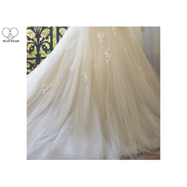 Waist Beading Tulle A Line Bridal Gowns , Foliage Lace Strapless Wedding Gown