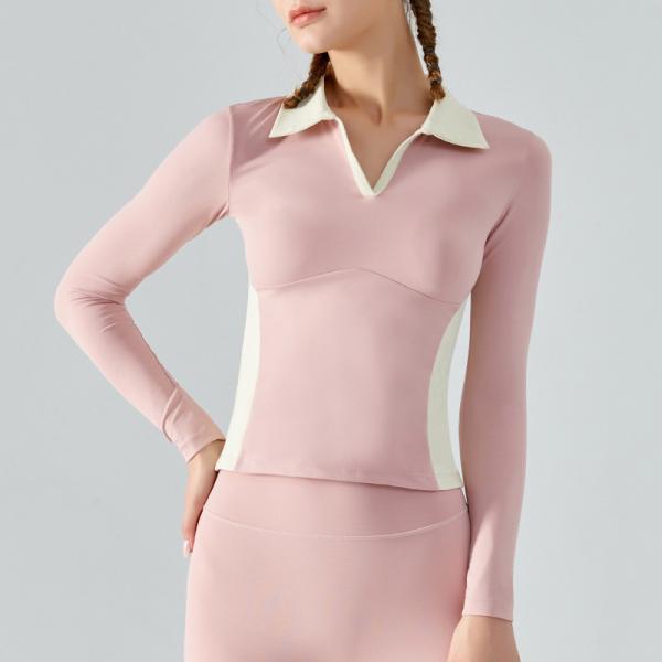 Color Contrast Long Sleeve Polo Shirts Ladies Equestrian Top High Density