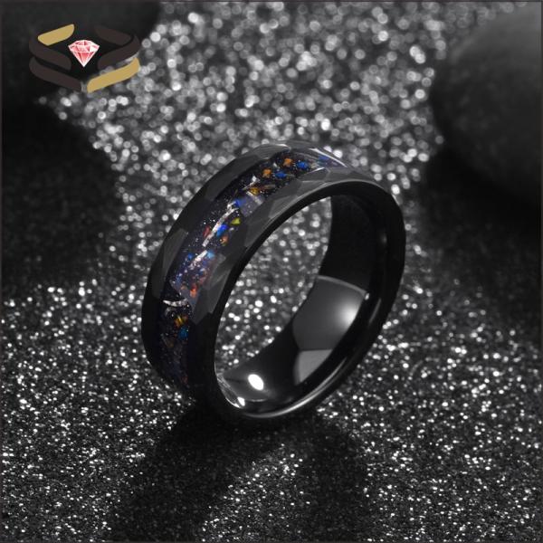 Anniversary Gift Black Hammered Tungsten Ring 8mm With Opal And Meteorite Inlay