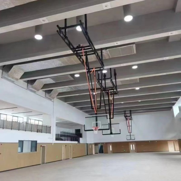 Steel Ceiling Suspended Basketball Hoop with Tempered Glass Backboard and Adjustable Electric Manual Control for Indoor Training