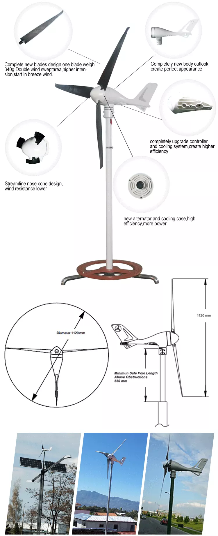 Motor-generador Marine Type Windmill de la turbina de viento S-700 3 cuchillas del CFRP con el regulador