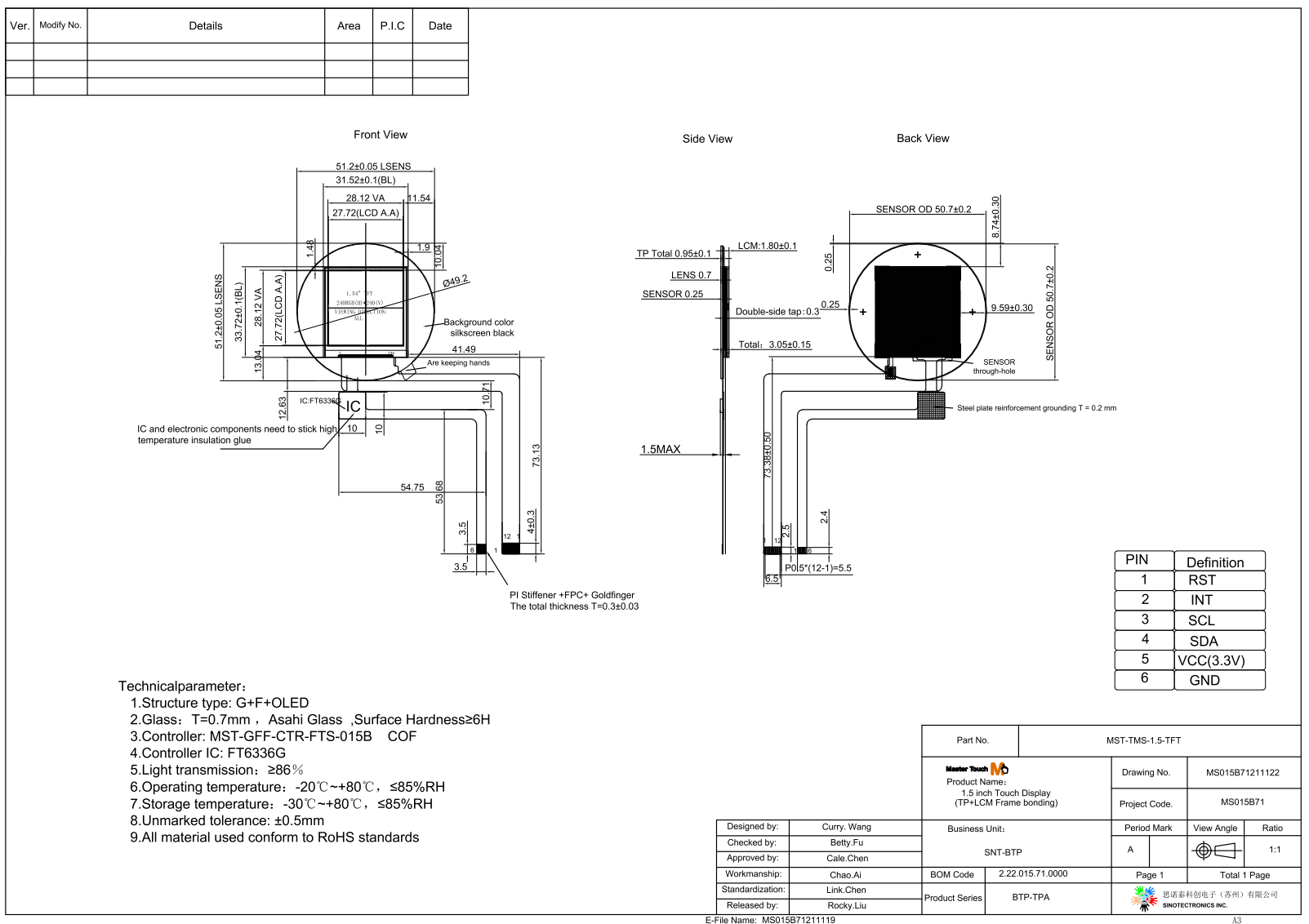 IIC собрание сенсорной панели 240x240px LCD 1,5 дюймов интерфейса небольшое